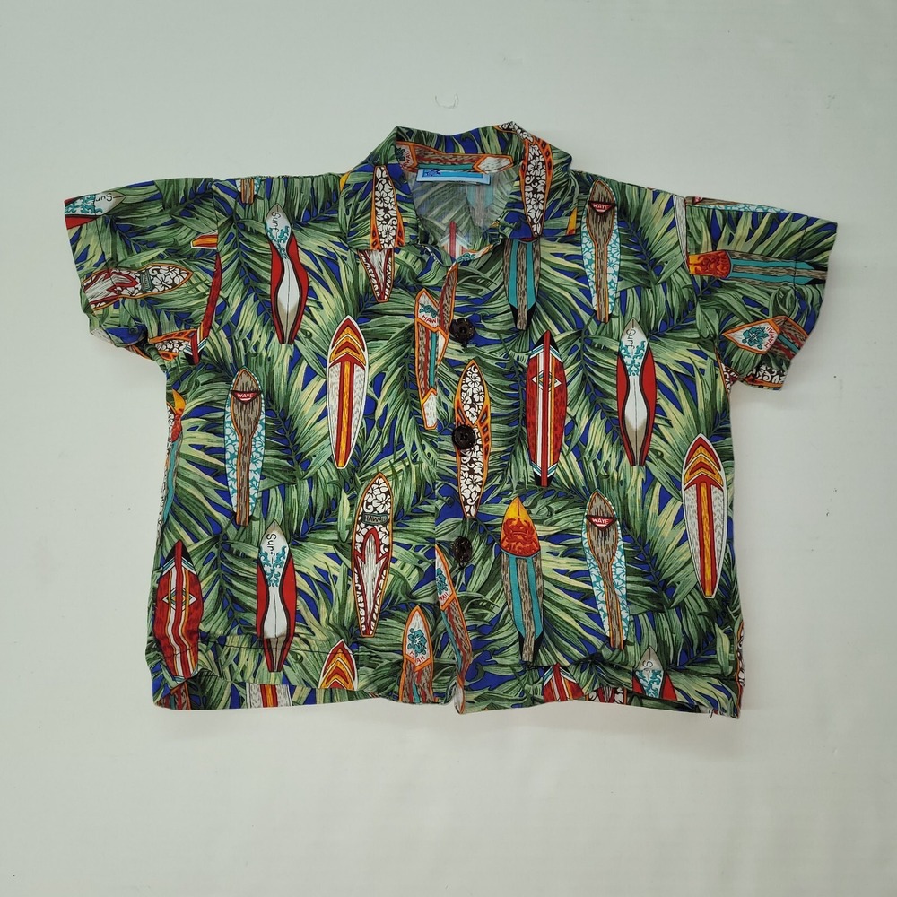 RJC Kids Hawaiian Shirt 18M Green Surfboard‎ Palm Print Cotton Made in Hawaii